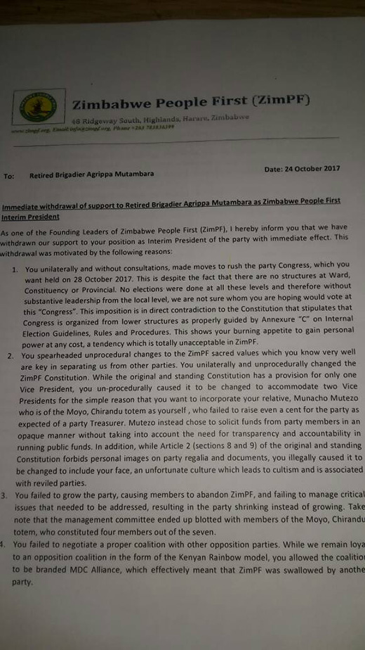 ZimPF fires Mutambara Letter