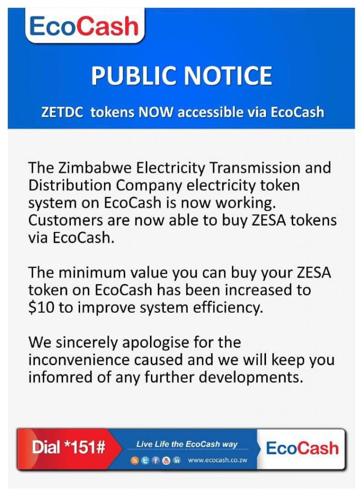 EcoCash Raises Minimum Amount For Purchasing Zesa Prepaid Tokens