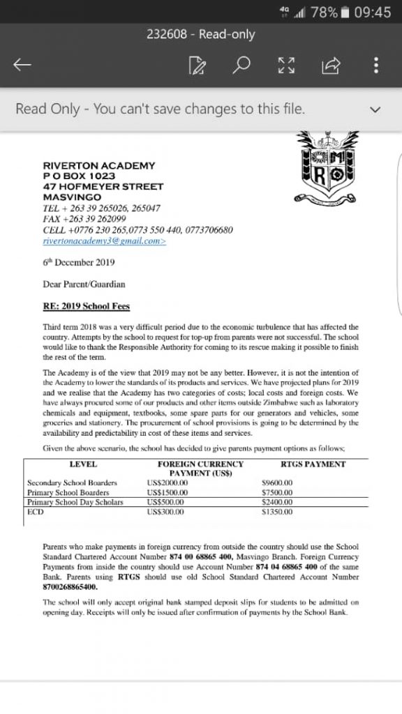 Masvingo Boarding School Hikes School Fees, Payments To Be Made In US Dollars Pindula News