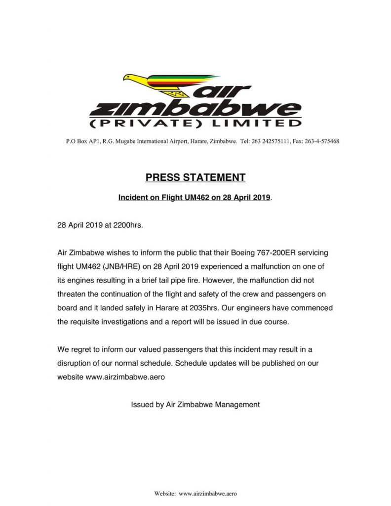 Air Zimbabwe Statement Plane Caught Fire