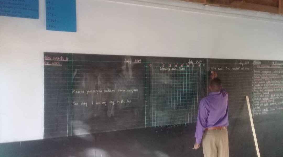 Schoolteachers writing on chalkboard