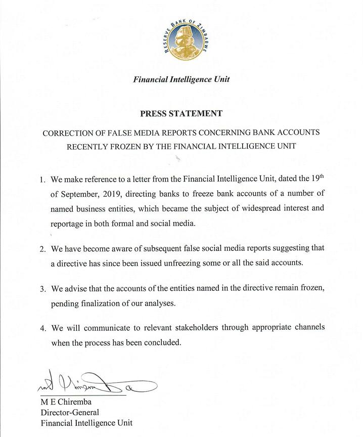 FULL TEXT RBZ Statement On Frozen Accounts, Says Accounts Remain