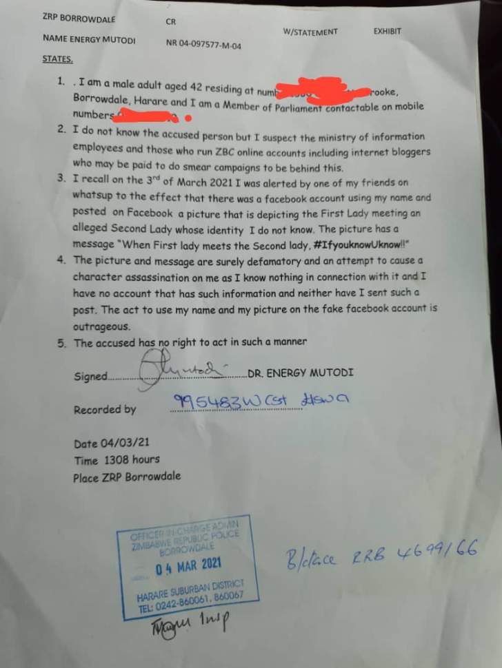 Ennery Mutodi Files Police Report 
