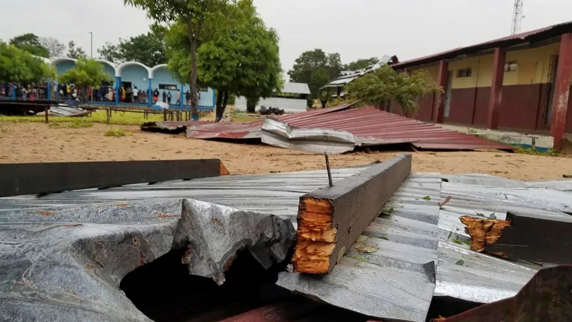 The damaged roof of a school lies in the playground in Vilanculos, Mozambique, on February 24, after Tropical Cyclone Freddy hit the country.