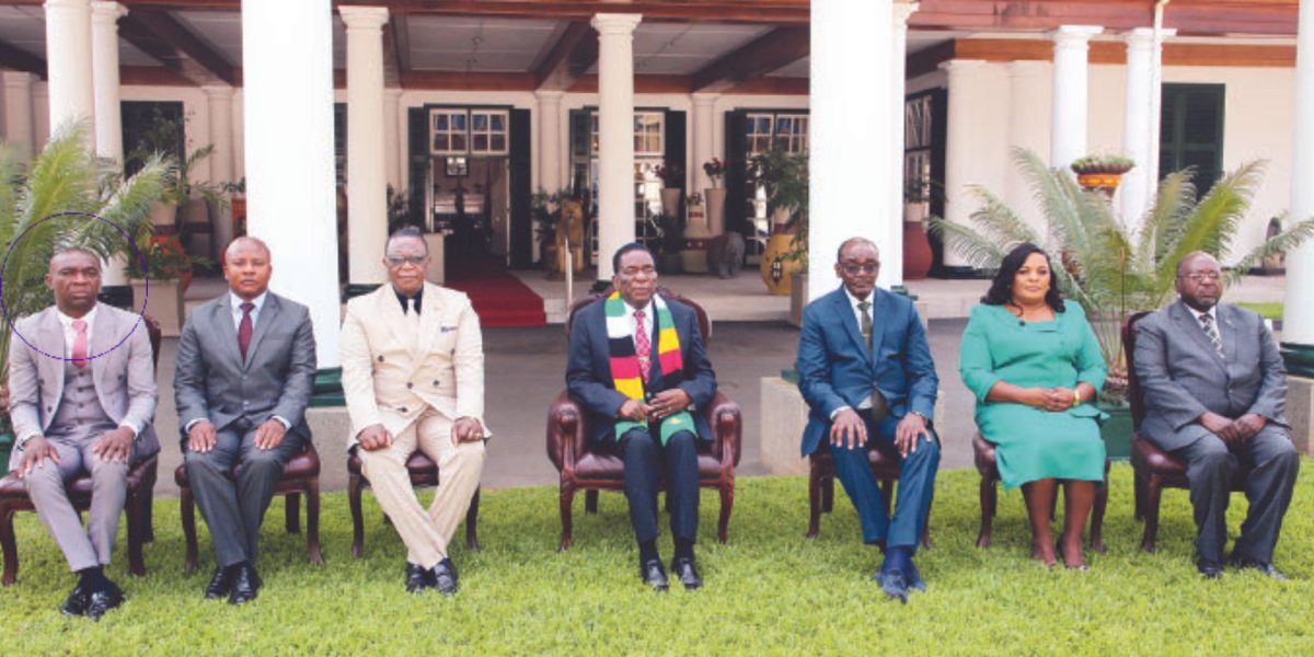 President Mnangagwa, Vice Presidents Constantino Chiwenga and Kembo Mohadi, Deputy Chief Secretary to the President and Cabinet, Dr Martin Rushwaya (far right) pose after the swearing in of deputy ministers of Industry and Commerce Roy Bhila (far left), Mines and Mining Development Polite Kambamura (second from left) and Home Affairs and Cultural Heritage Chido Sanyatwe (second from right) at State House in Harare yesterday.
